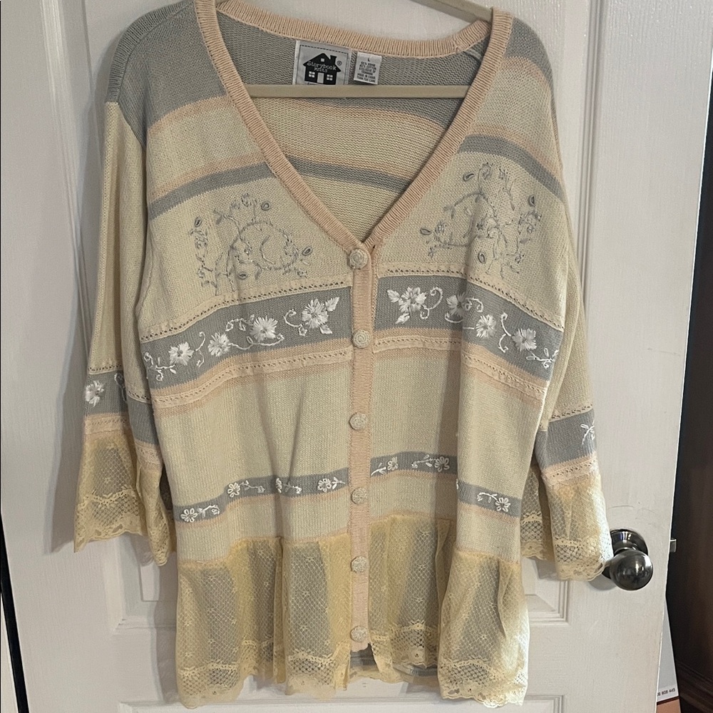Storybook Knits Beige and Gray Floral Cardigan